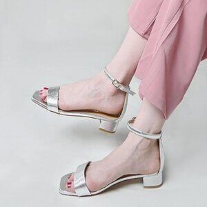XYD Silver Open Toe Ankle Strap Buckled Low Chunky Heel Dress Sandal